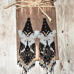 Long Black & Aqua Butterfly Beaded Earrings